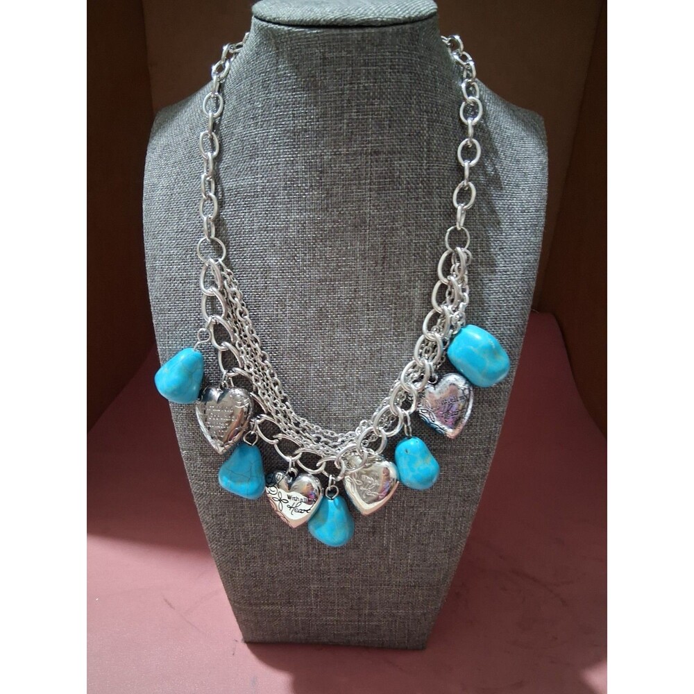 Silver Tone Oval Link Chain Necklace Blue Beads Heart Religious Charm